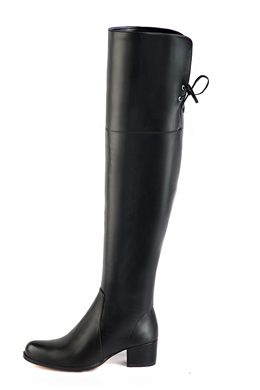 Satin black women's leather thigh-high boots. Round toe. Low leather soles. Made to measure. Profile view - Florence KOOIJMAN